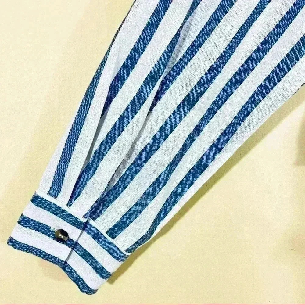 Miss Love Blue/White Stripe Collared Long Sleeve Button Down Tie Crop Top (S) - Picture 11 of 12